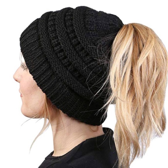 Youth Black Knit Ponytail Beanie - Picture 1 of 3